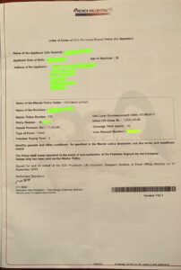 Initial ICICI Prudential Home Protect policy document (Policy No. 1804xxxxx546) showing fixed life cover of ₹16,06,700, highlighting discrepancy with company’s later records of reducing cover.