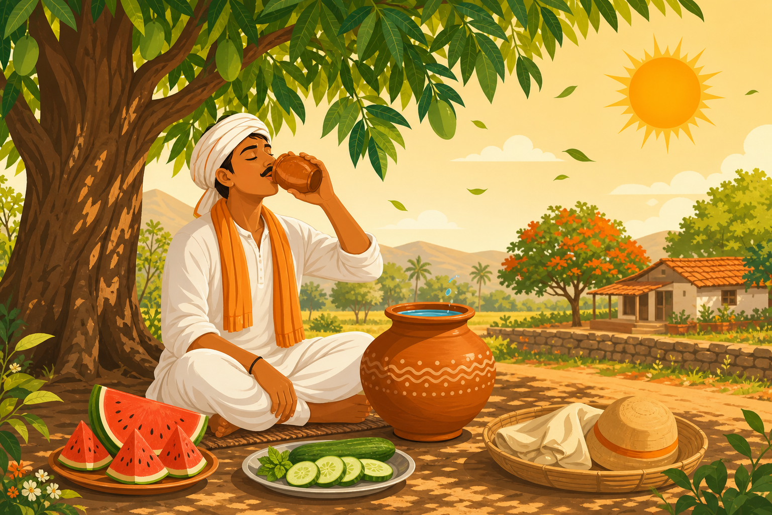 उष्माघात टाळण्यासाठी उपाय - उन्हाळ्यात झाडाच्या सावलीत पाणी पिणारी व्यक्ती