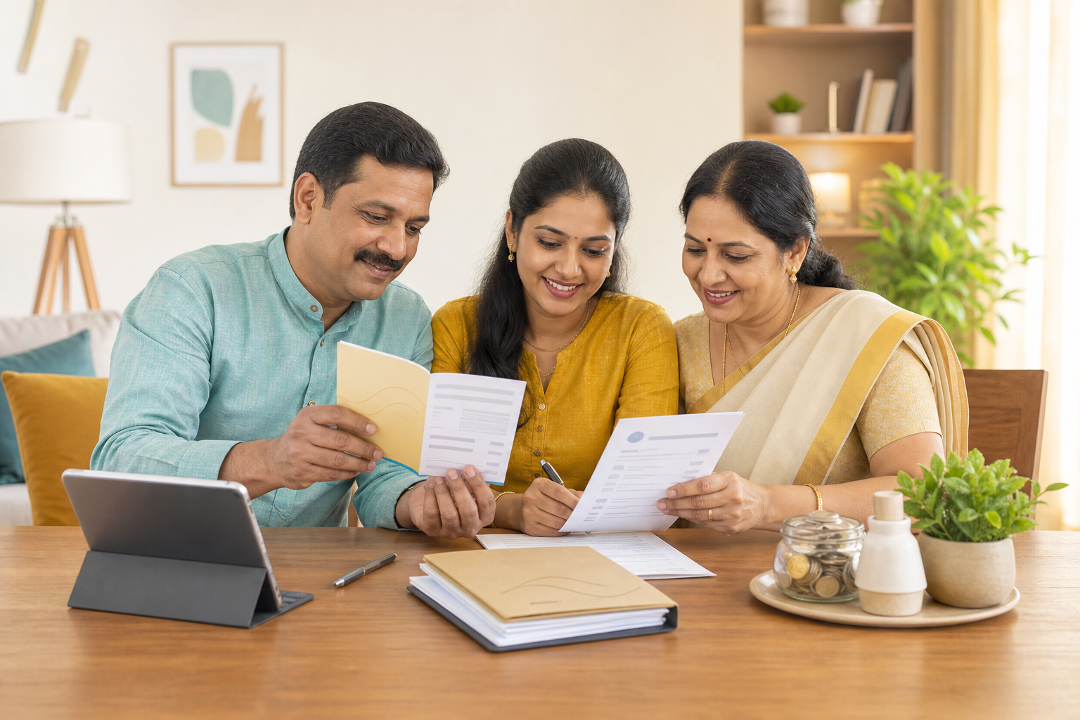 बँक खात्यात नॉमिनी कसा जोडावा हे समजून घेत कागदपत्रे तपासणारे मराठी कुटुंब
