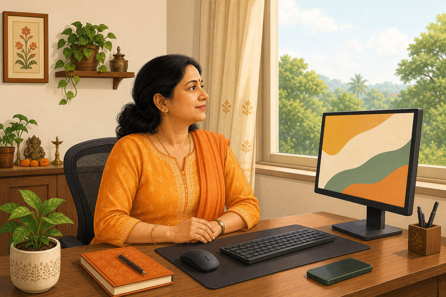 डोळ्यांचा ताण कमी करण्याचे उपाय: संगणकापासून विश्रांती घेऊन खिडकीतून दूर पाहणारी महिला