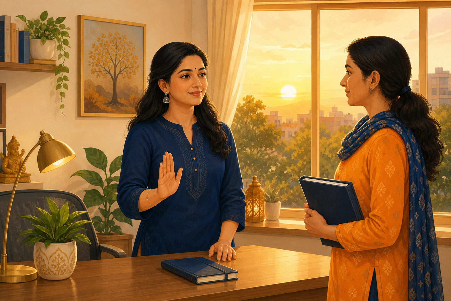 नम्रपणे नकार कसा द्यावा: सहकाऱ्याशी शांतपणे बोलून स्वतःची मर्यादा स्पष्ट करणारी महिला