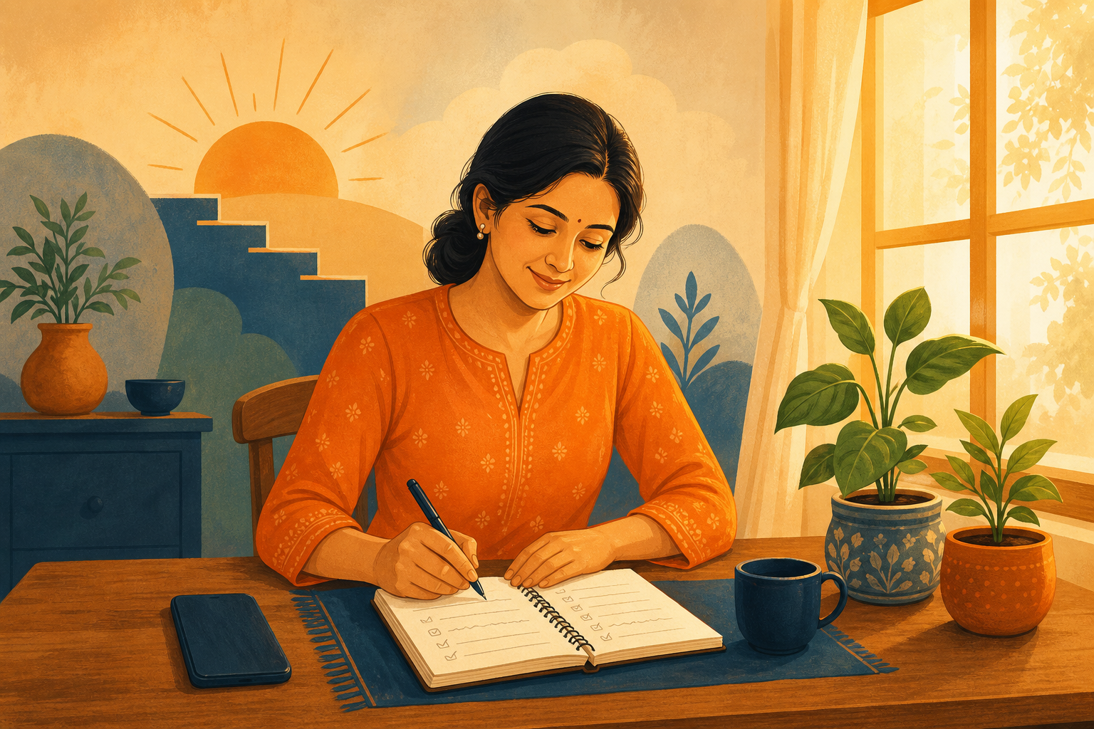 इतरांशी तुलना करणे कसे थांबवावे — फोन बाजूला ठेवून स्वतःच्या छोट्या ध्येयांची नोंद करणारी व्यक्ती