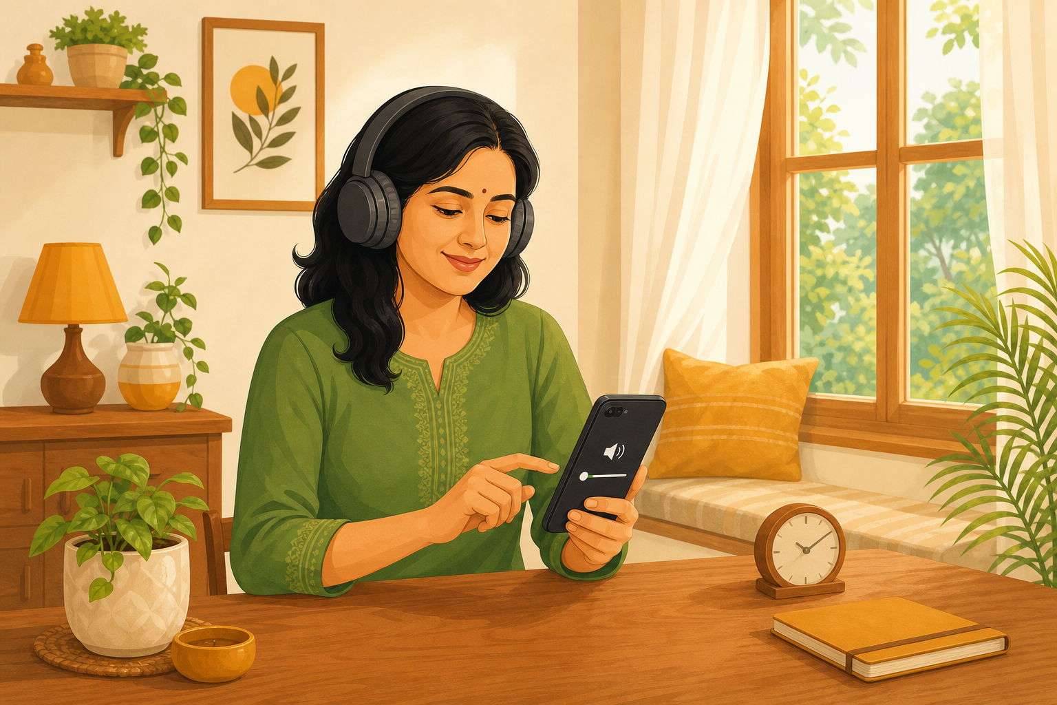इअरफोन वापरताना कानांची काळजी घेण्यासाठी शांत खोलीत कमी आवाजात ऐकणारी महिला