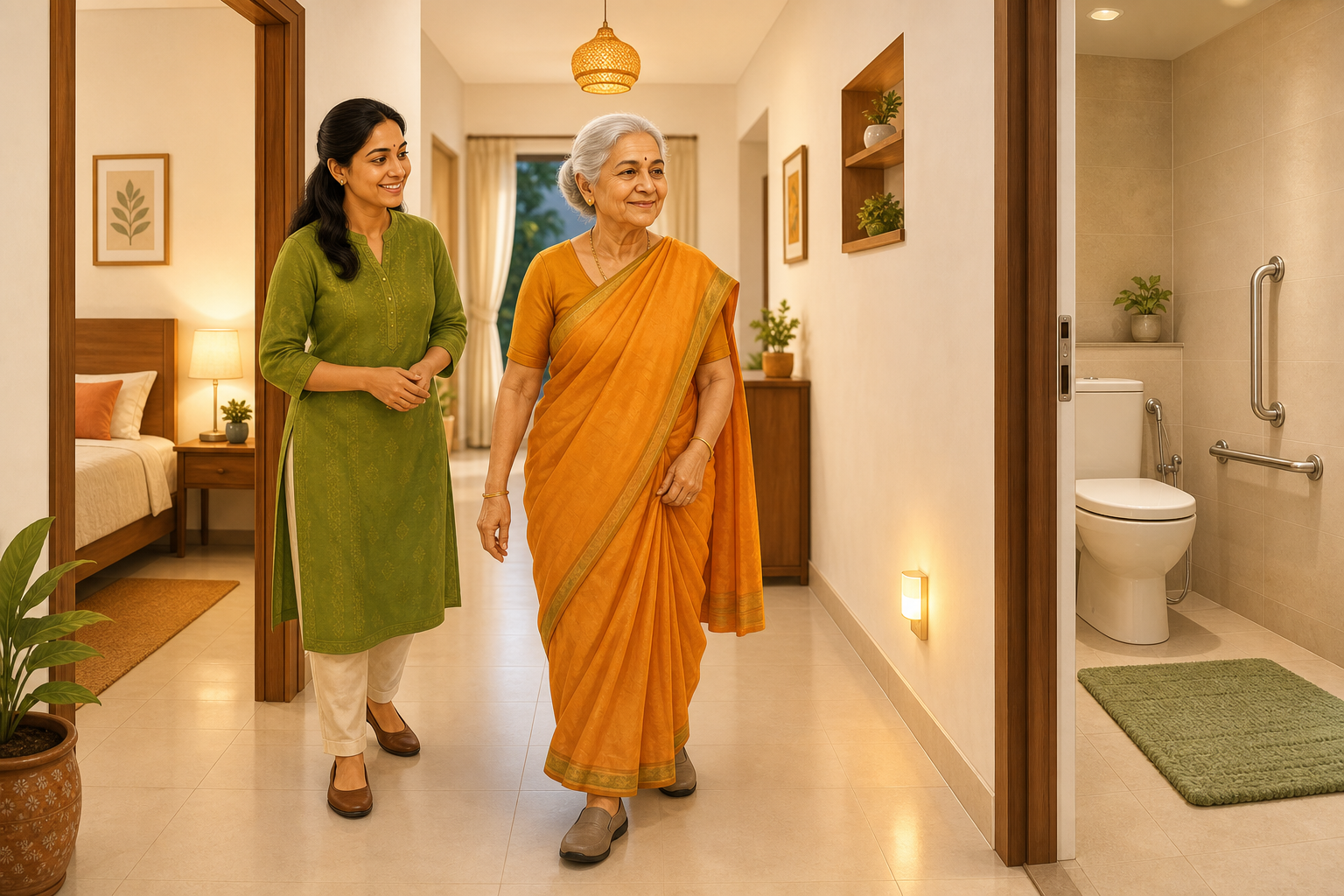 उजेड असलेल्या मोकळ्या घरात सुरक्षितपणे चालणारी ज्येष्ठ महिला आणि जवळ उभी तिची मुलगी