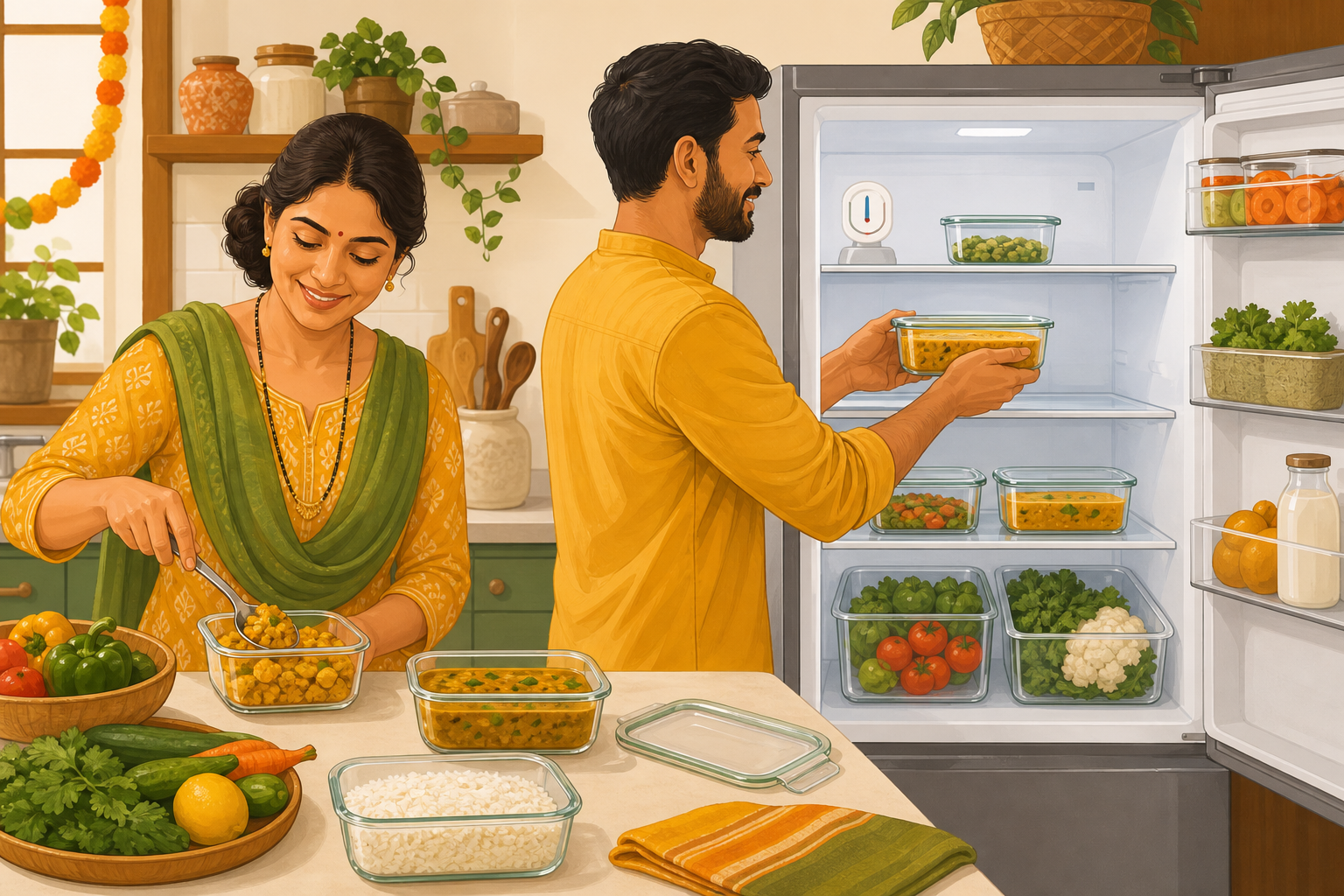 शिजलेले अन्न फ्रिजमध्ये किती दिवस ठेवावे — स्वच्छ, उथळ डब्यांत अन्न ठेवणारे मराठी कुटुंब