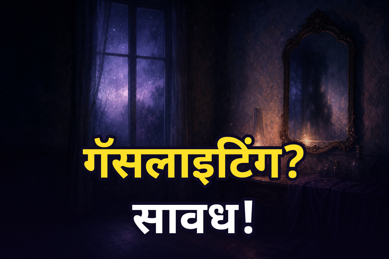 गॅसलाइटिंग? सावध! – शांत, गडद निळ्या पार्श्वभूमीवर मिणमिणता गॅस दिवा आणि संभ्रम दर्शवणारे चित्र