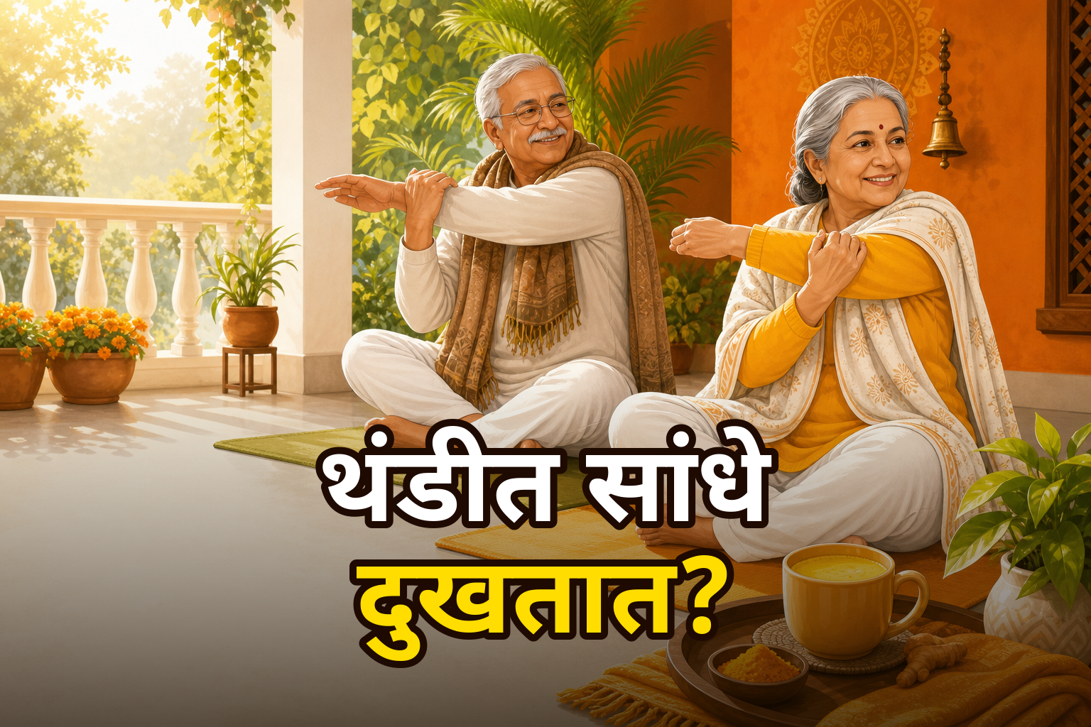 हिवाळ्यात सांधेदुखी उपाय – सकाळच्या उन्हात व्यायाम करणारे ज्येष्ठ दाम्पत्य - मनाचेTalks